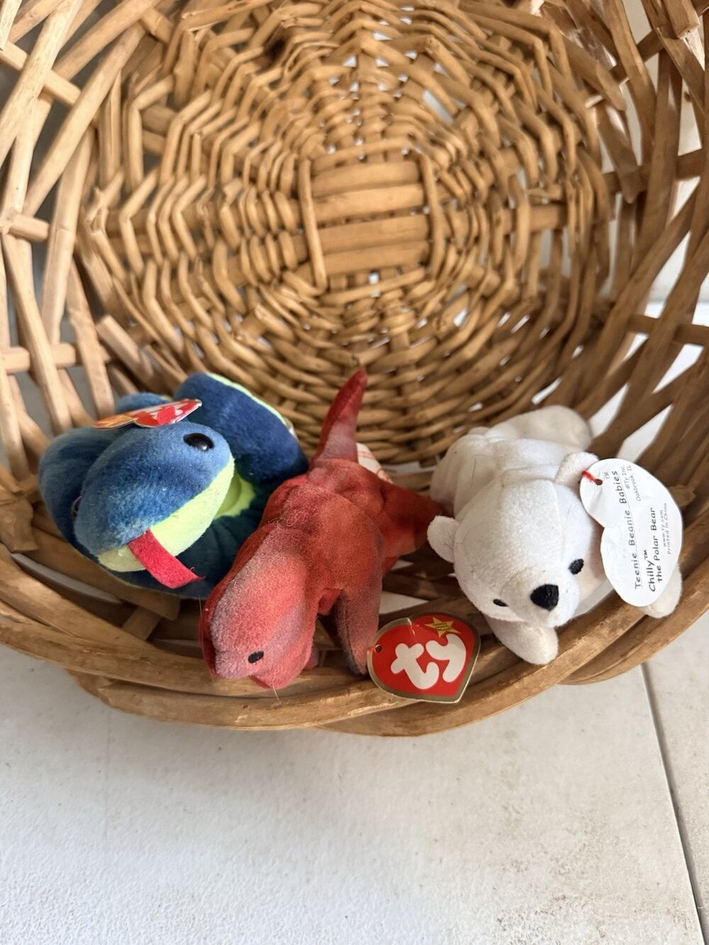 Vintage 3 TY Beanie Baby Hissy, Chilly, Rex The Dinosaur 1990’s Ultra Rare NWT